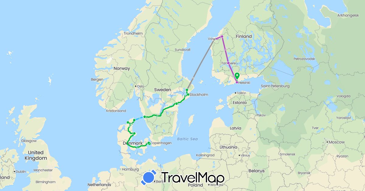 TravelMap itinerary: driving, bus, plane, train, boat in Denmark, Finland, Sweden (Europe)